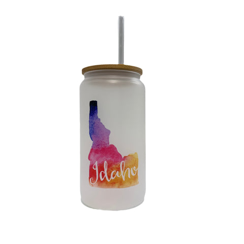 Idaho Watercolor Frosted Can Glass w/ Glass Straw