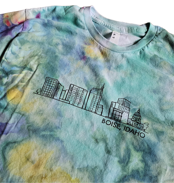 Ice Dyed Boise Skyline Adult T-shirt, Eco Friendly Waterbased Inks