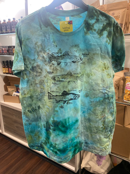 Ice Dyed Trout T-shirt, screen printed with eco-friendly waterbased inks, Adult sizes
