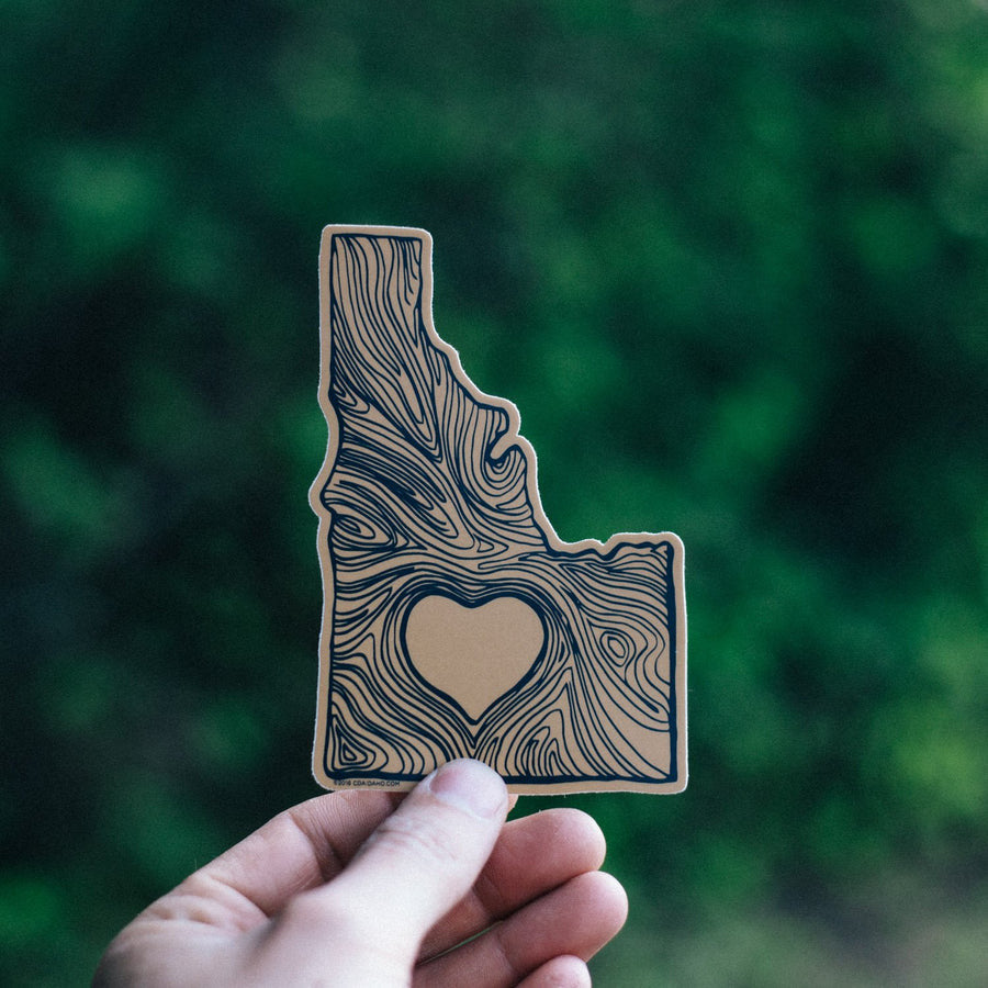 Idaho Woodgrain Heart, Idaho Shaped Sticker. CDA