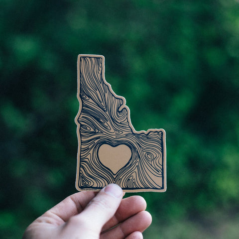 Idaho Woodgrain Heart, Idaho Shaped Sticker. CDA