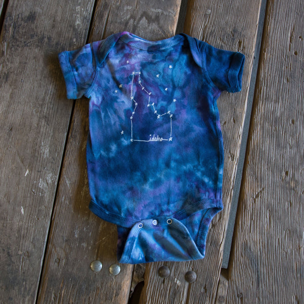 Ice Dyed Idaho Constellation Onesie, eco-friendly waterbased inks