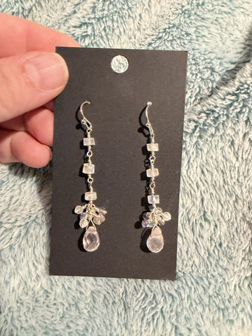 Rose Quartz, Moonstone and Swavorski crystal drop earrings