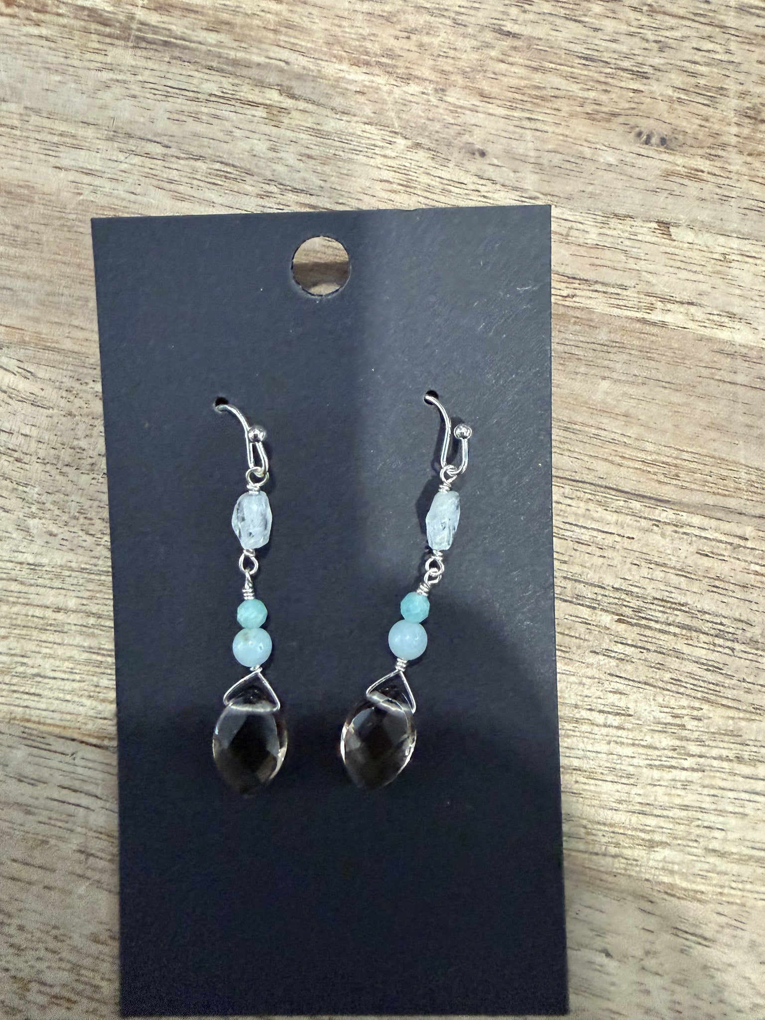Smoky Quartz, Amazonite and Raw Aquamarine earrings
