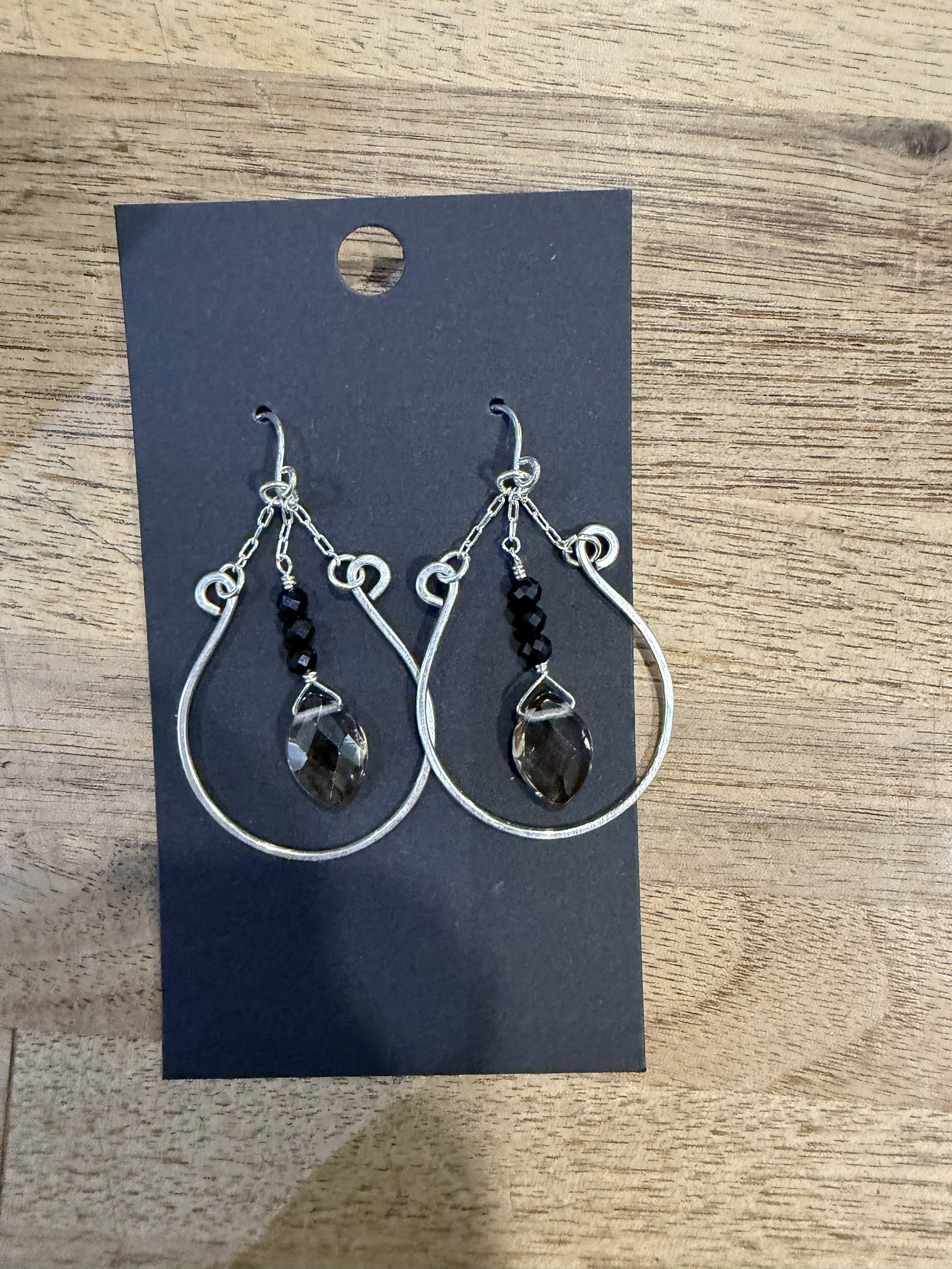Smoky Quartz and Black Onyx Open Hoop Earrings