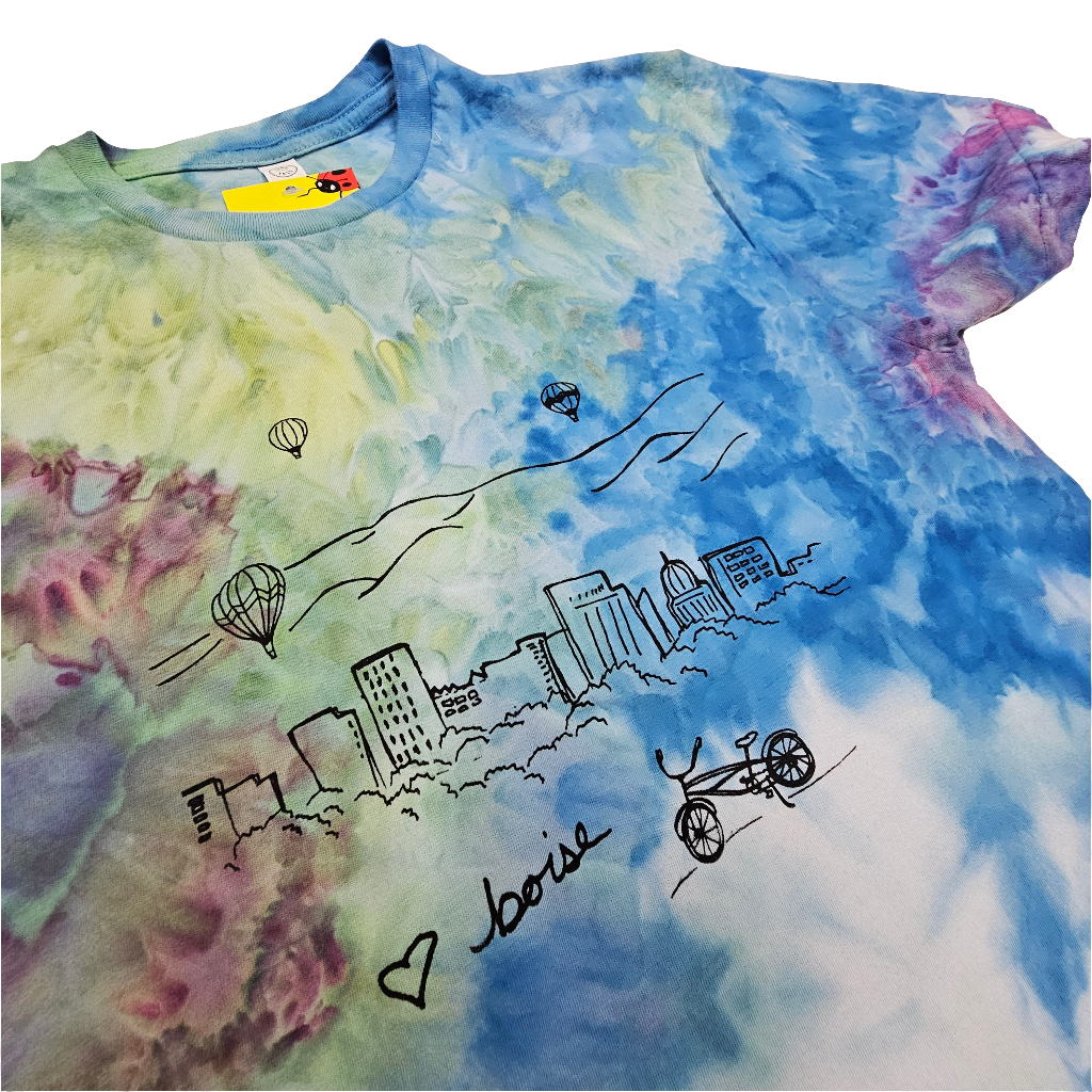 Ice Dyed Boise Balloons Adult T-shirt, Eco Friendly Waterbased Inks