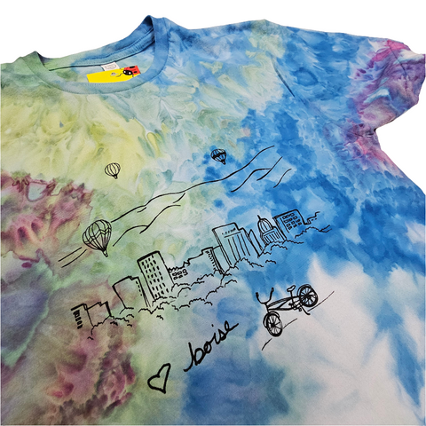 Ice Dyed Boise Balloons Adult T-shirt, Eco Friendly Waterbased Inks