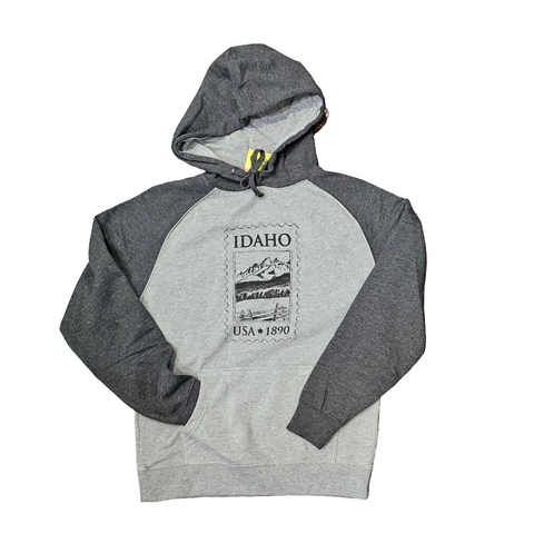Idaho Postage Stamp Pullover Hoodie, Raglan. Screen Printed Sweatshirt with Eco Friendly Waterbased Inks
