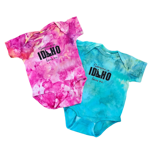 Someone in Idaho Loves Me Ice Dyed Onesie, eco-friendly waterbased inks
