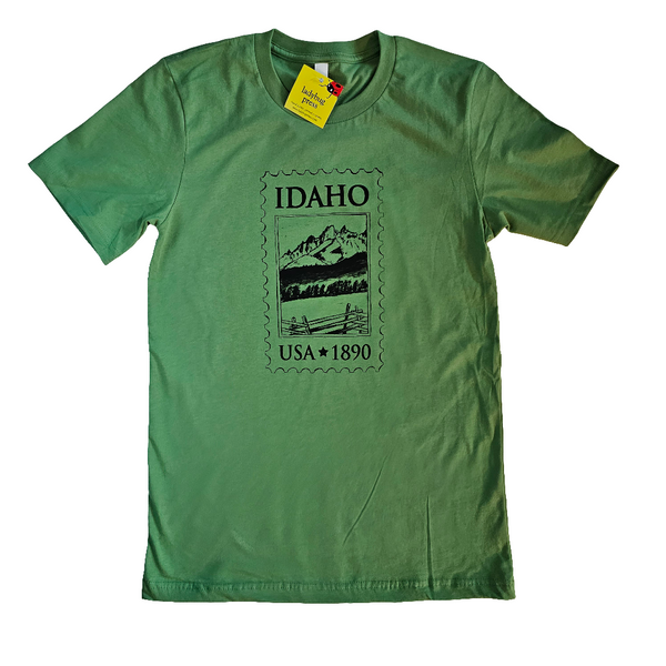 Idaho Postage Stamp Green T-shirt, Adult Sizes, Eco Friendly Waterbased Inks