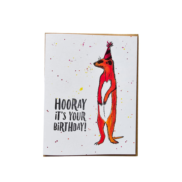 Hooray Meerkat, Birthday Illustration Letterpress Greeting Card. Eco-friendly