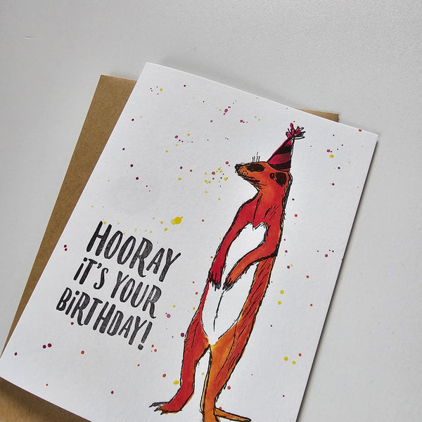 Hooray Meerkat, Birthday Illustration Letterpress Greeting Card. Eco-friendly