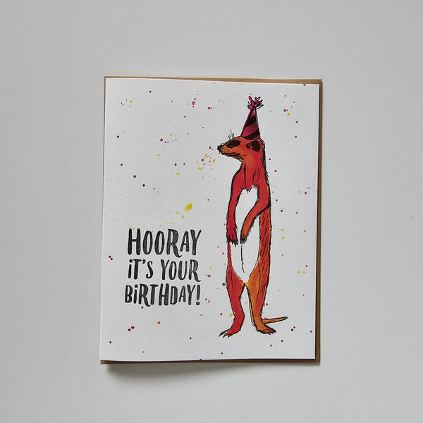 Hooray Meerkat, Birthday Illustration Letterpress Greeting Card. Eco-friendly