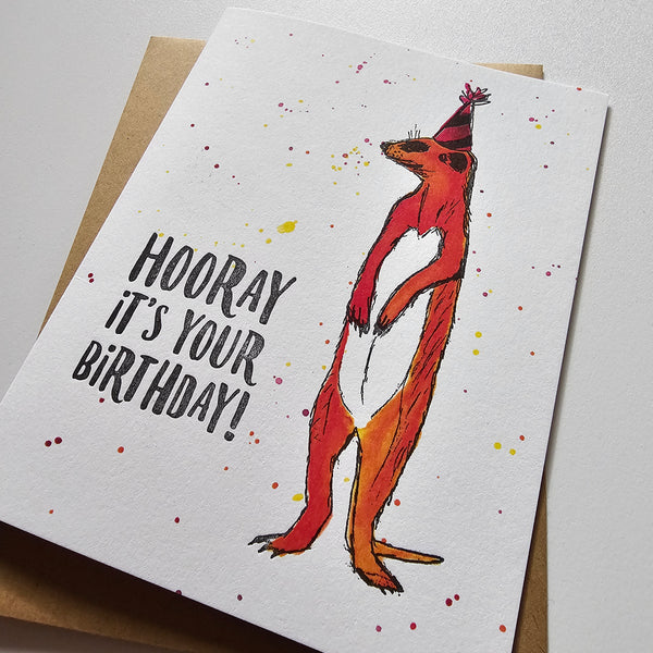 Hooray Meerkat, Birthday Illustration Letterpress Greeting Card. Eco-friendly