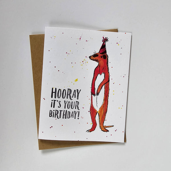 Hooray Meerkat, Birthday Illustration Letterpress Greeting Card. Eco-friendly