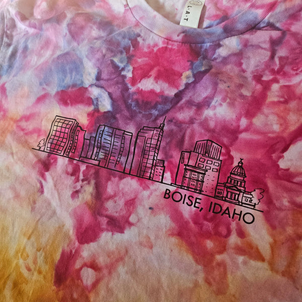 Ice Dyed Boise Skyline Adult T-shirt, Eco Friendly Waterbased Inks