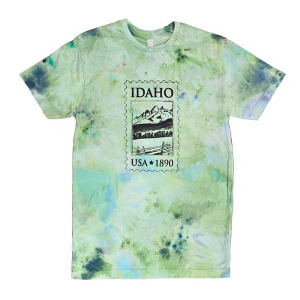 Ice Dyed Idaho Postage Stamp Adult T-shirt, Eco Friendly Waterbased Inks