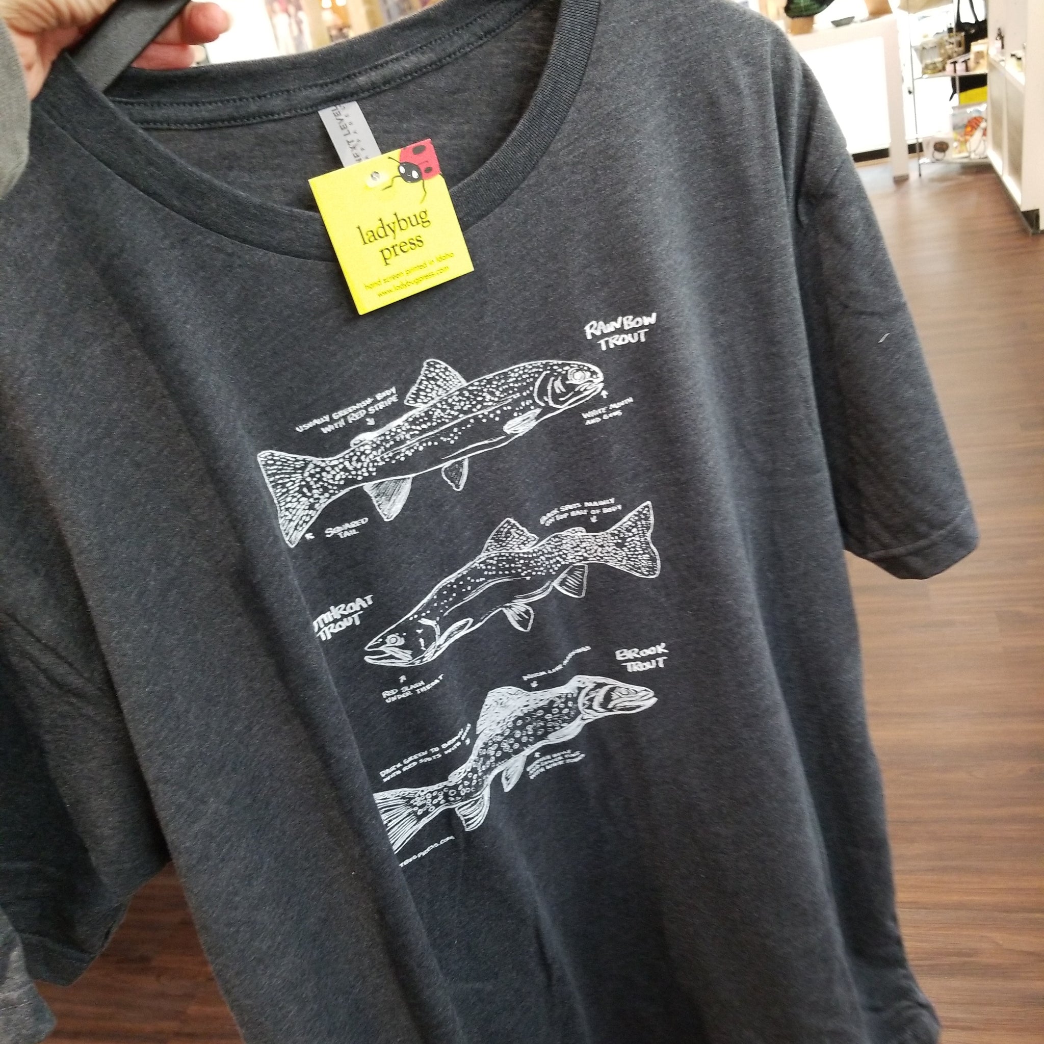 Trout T-shirt, screen printed with eco-friendly waterbased inks, adult sizes