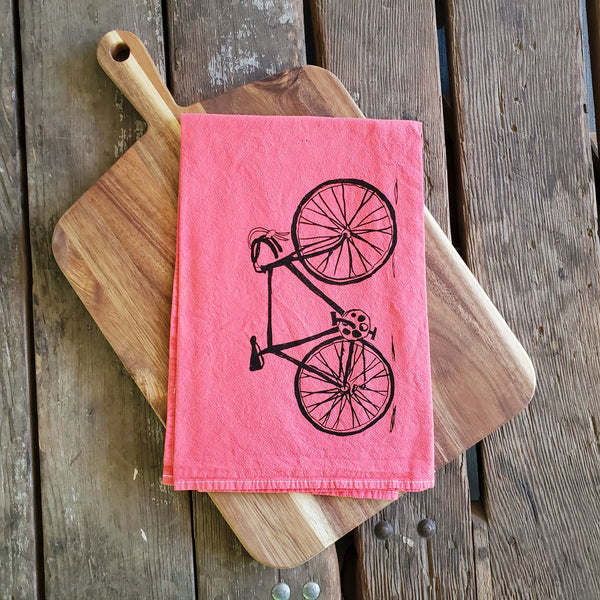 Hand dyed Bike Screen Printed Tea Towel, flour sack towel