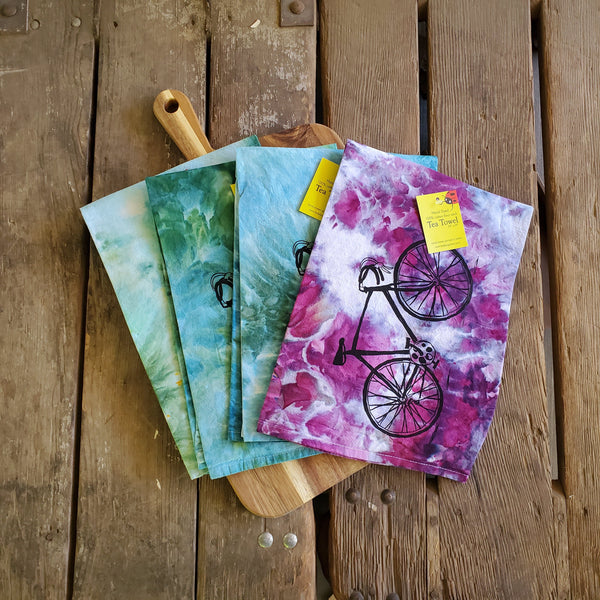 Hand dyed Bike Screen Printed Tea Towel, flour sack towel