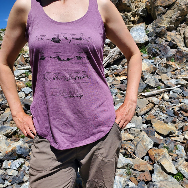 Idaho Mountain Ranges Women's tank top, screen printed with eco-friendly waterbased inks, adult sizes