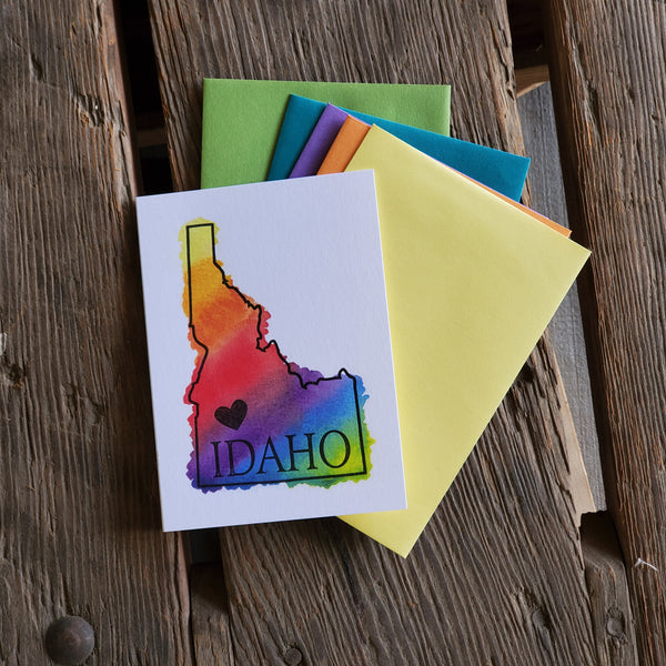 Idaho Heart Card, Rainbow Watercolor Letterpress Printed Greeting Card