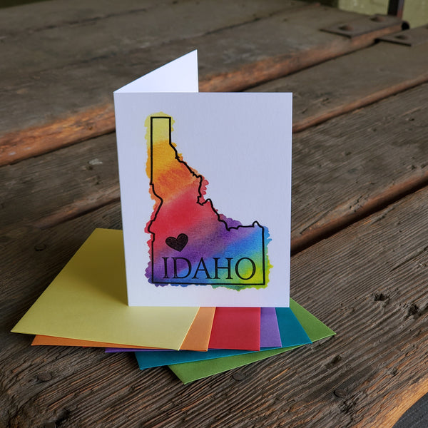 Idaho Heart Card, Rainbow Watercolor Letterpress Printed Greeting Card