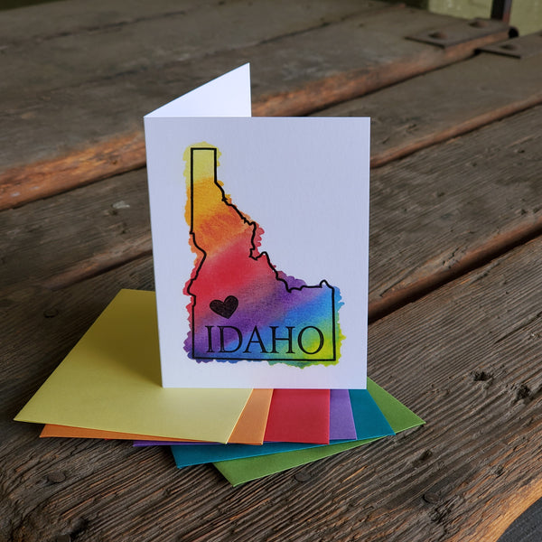 Idaho Heart Card, RAINBOW watercolor letterpress printed eco friendly