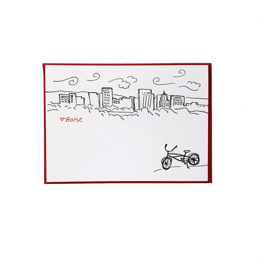 Boise Bike Skyline card, Heart BOISE letterpress printed Greeting card