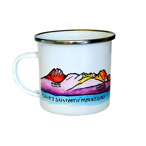 Sawtooth Mountains Enamel Mug, water color and typography