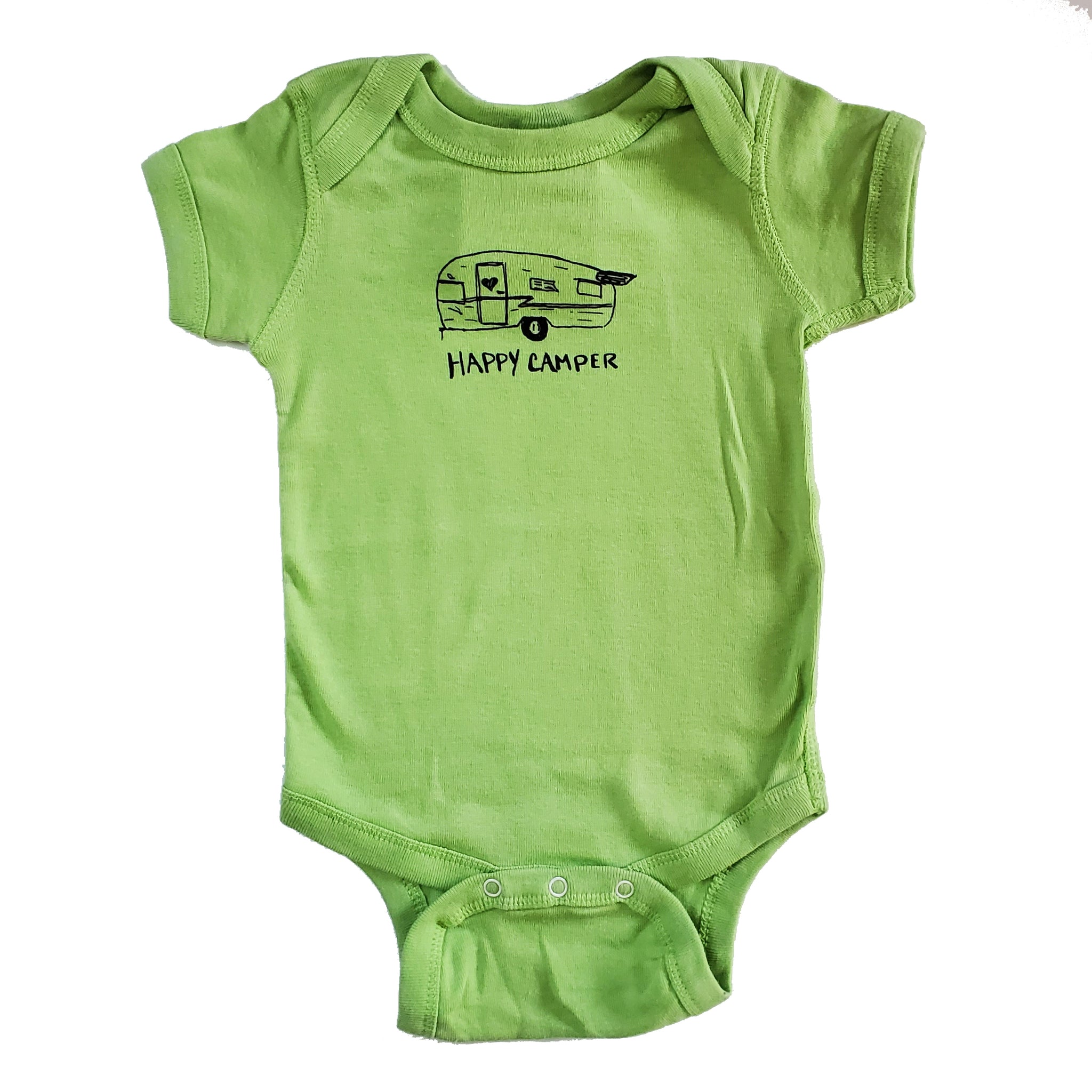 Happy Camper Onesie, Eco-friendly Water-based Inks Assorted Colors