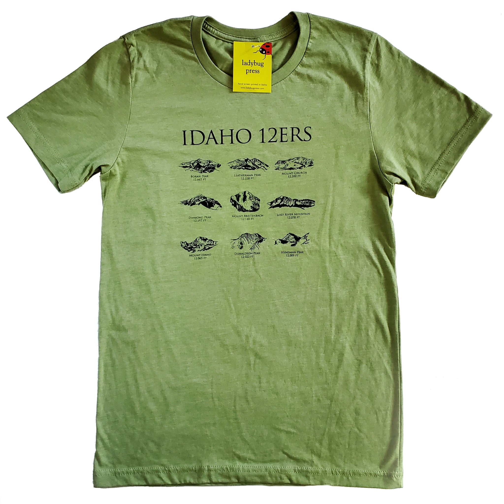 Men's Idaho 12ers Mountain Peaks T-shirt, screen printed with eco-friendly waterbased inks, men's sizes