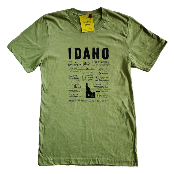 Idaho Facts T-shirt, screen printed with eco-friendly waterbased inks, adult sizes