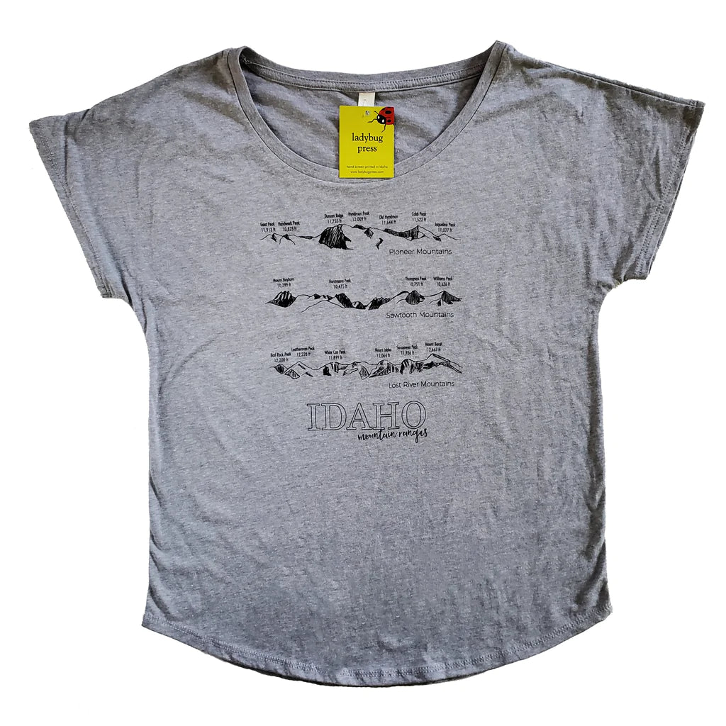 Idaho Mountain Ranges Women's Dolman T-shirt, screen printed with eco-friendly waterbased inks, adult sizes