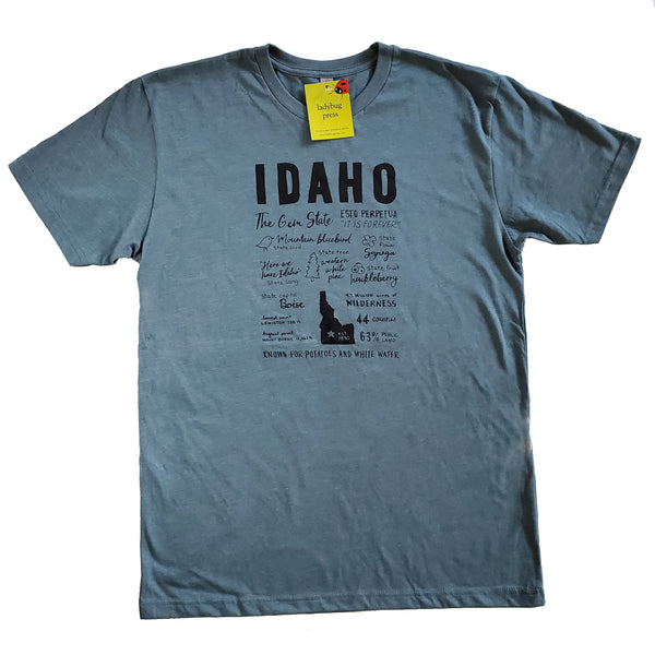 Idaho Facts T-shirt, screen printed with eco-friendly waterbased inks, adult sizes