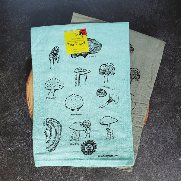 Dyed mushroom towel Screen Printed Tea Towel, flour sack towel