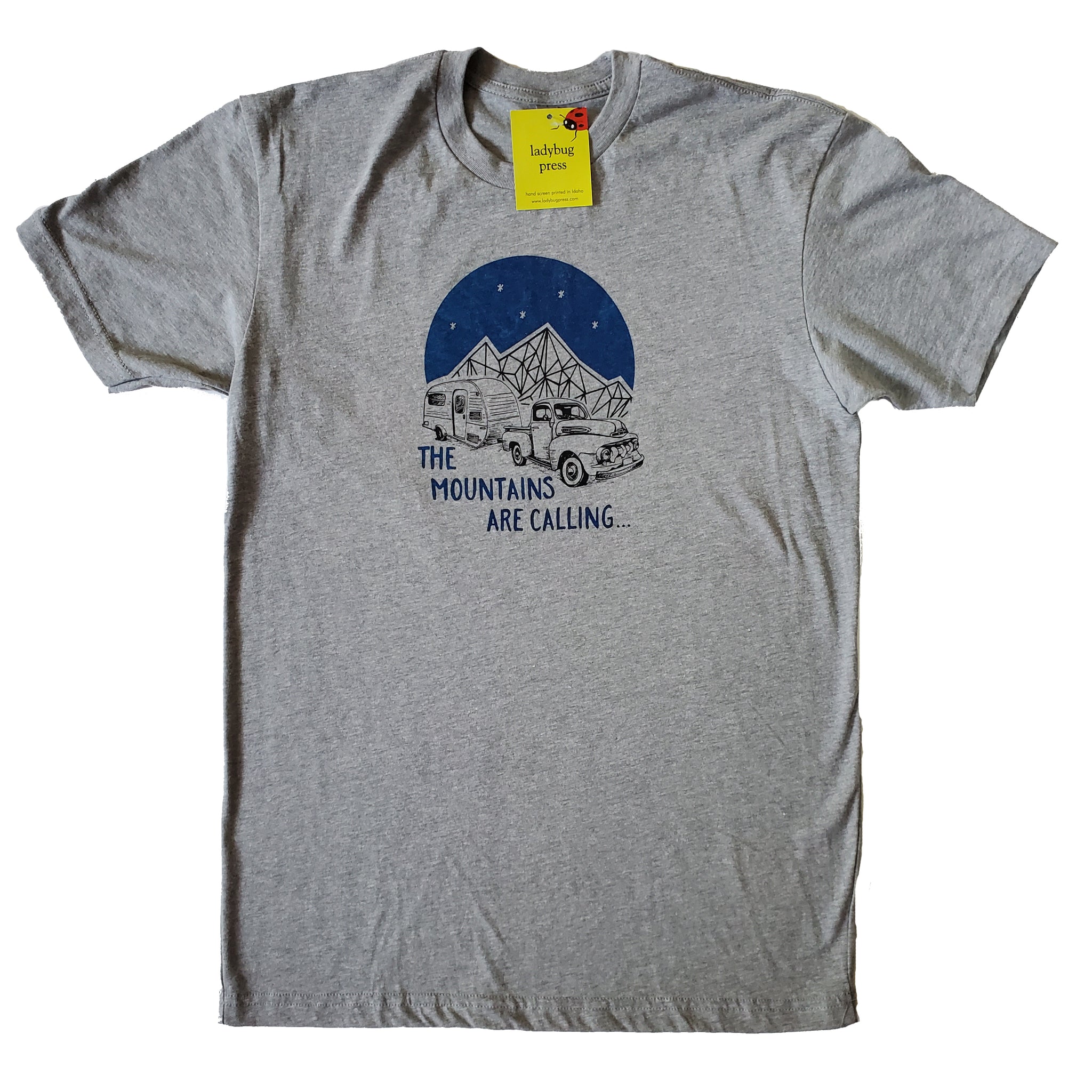 Mountains are Calling T-shirt, screen printed with eco-friendly waterbased inks, adult sizes