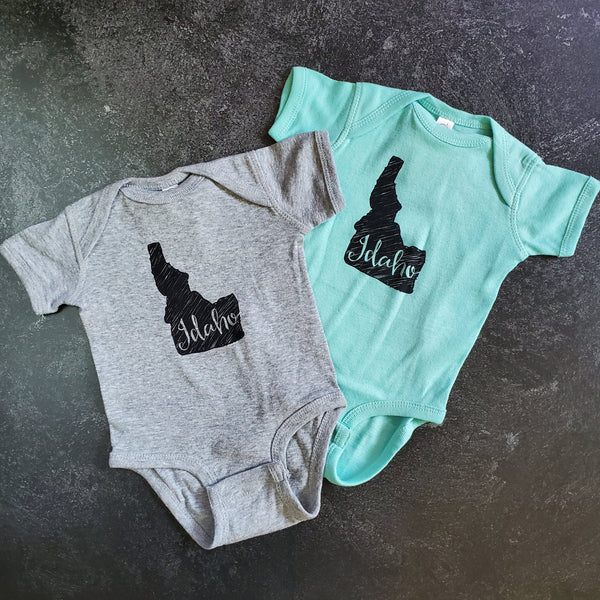 Idaho Sketch Onesie, eco-friendly waterbased inks