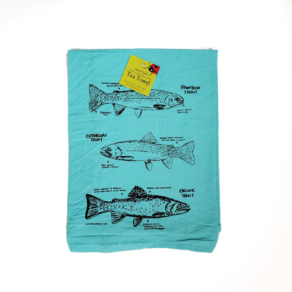 Dyed Trout Screen Printed Tea Towel, flour sack dish towel