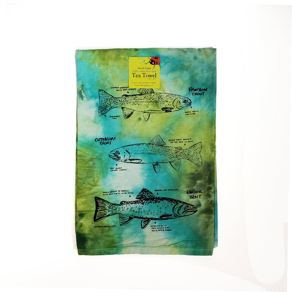 Dyed Trout Screen Printed Tea Towel, flour sack dish towel