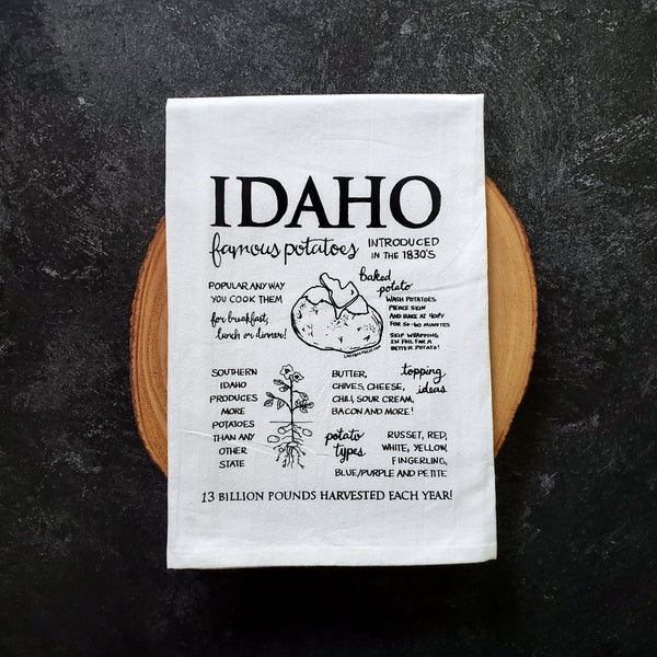 Idaho Famous Potatoes Tea Towel, Hand drawn and Screen Printed flour sack towel