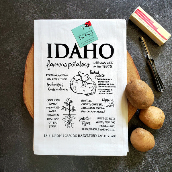 Idaho Famous Potatoes Tea Towel, Hand drawn and Screen Printed flour sack towel