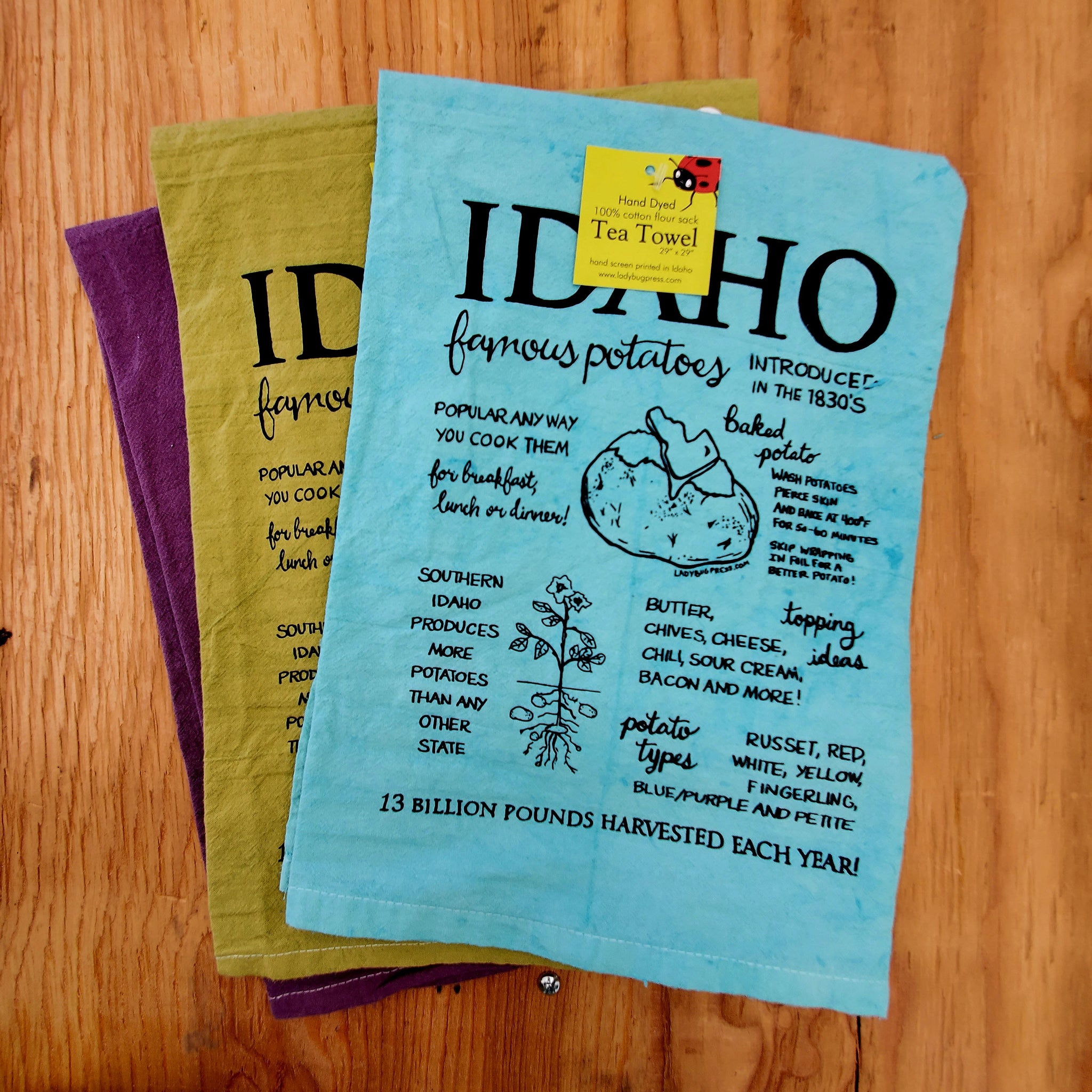 Dyed Famous Idaho Potatoes Tea Towel, Hand drawn and Screen Printed flour sack towel