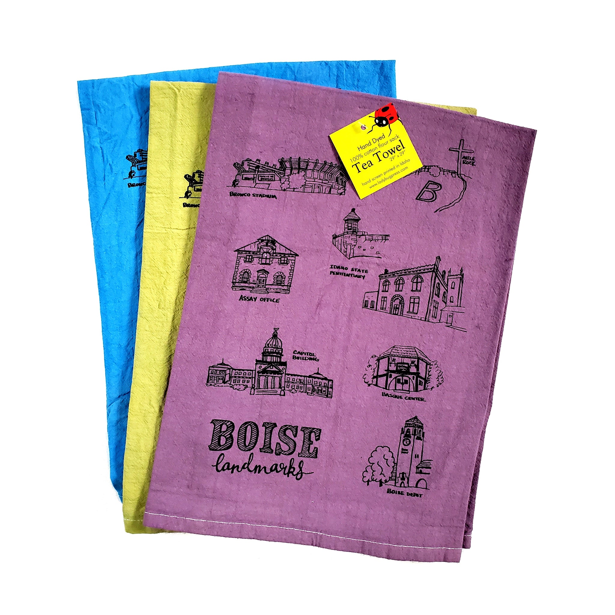 Dyed Boise Landmarks Tea Towel, Screen Printed flour sack towel