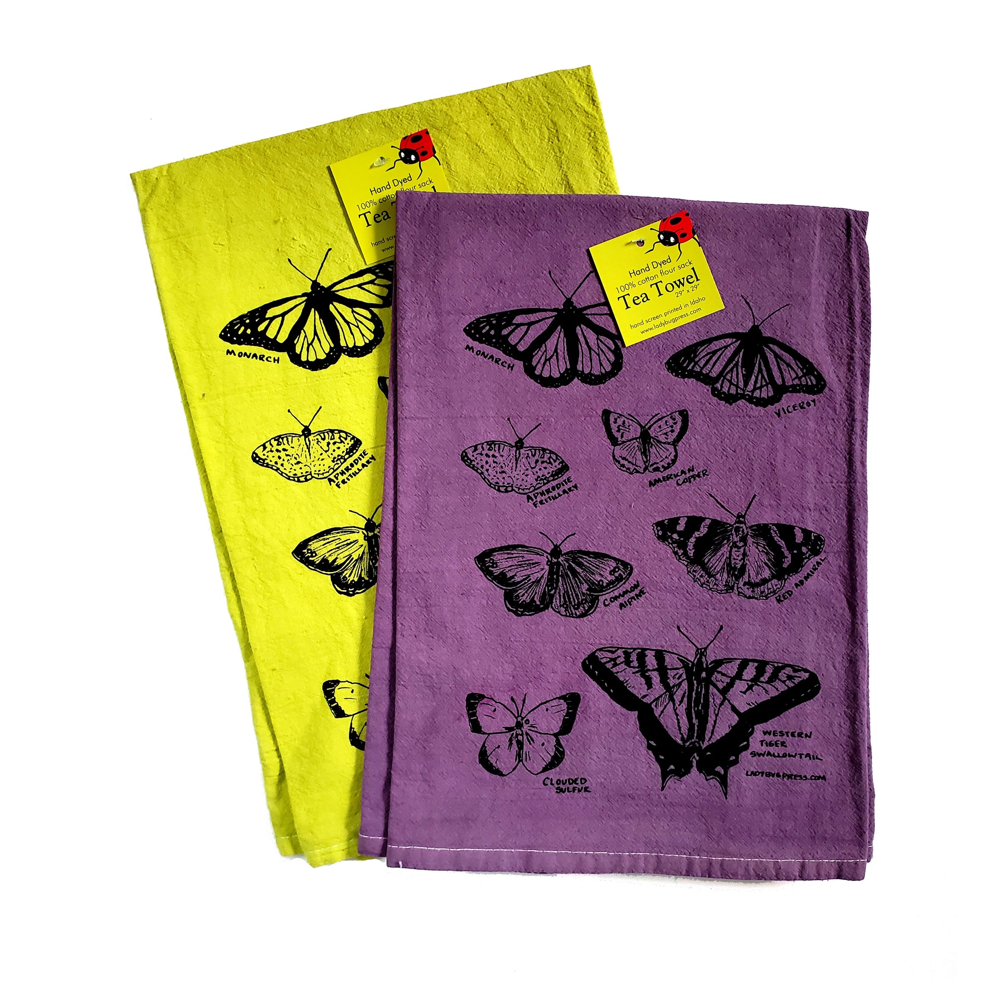 Dyed Butterfly Tea Towel, Screen Printed flour sack dish towel