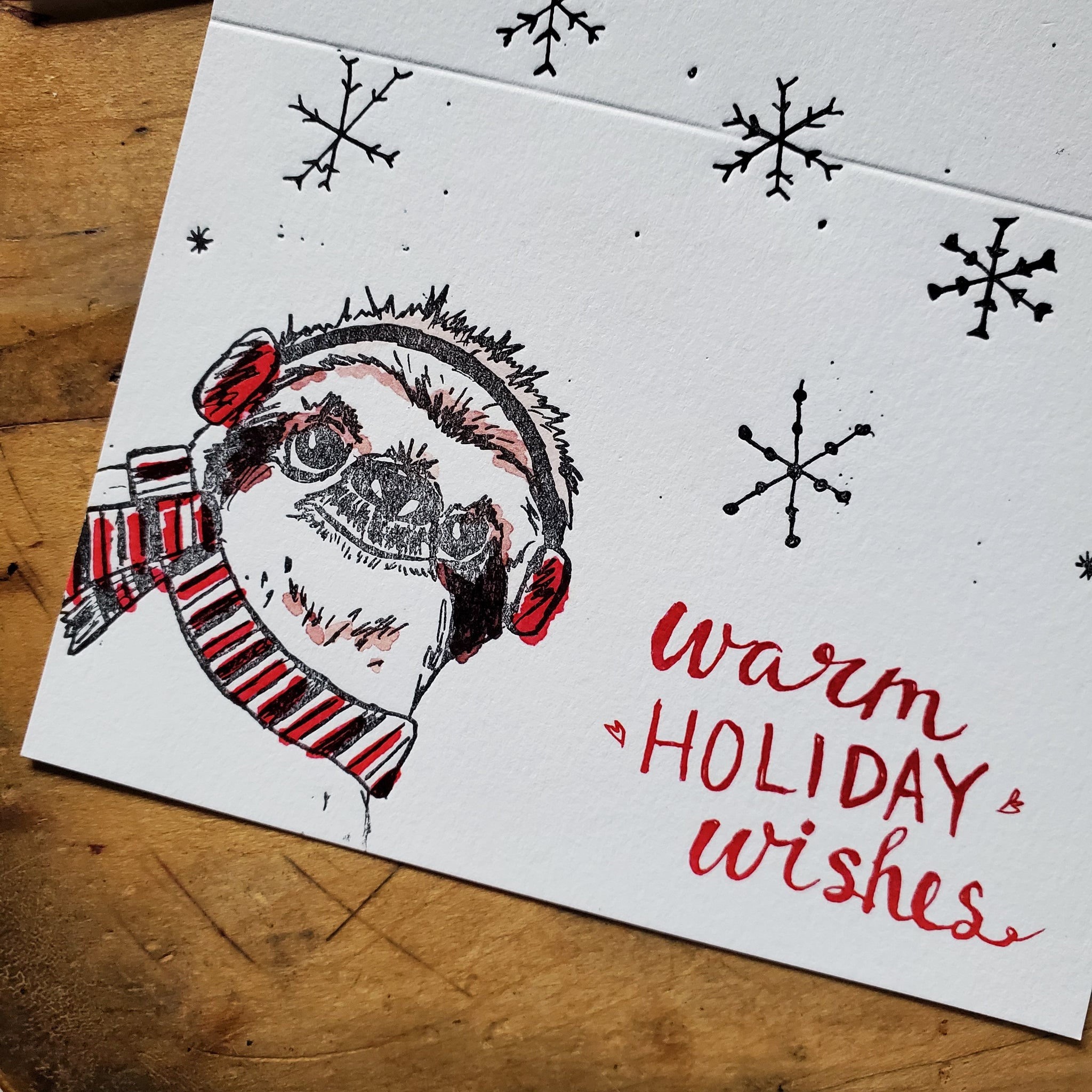 Warm Holiday Wishes Sloth, letterpress printed, eco friendly