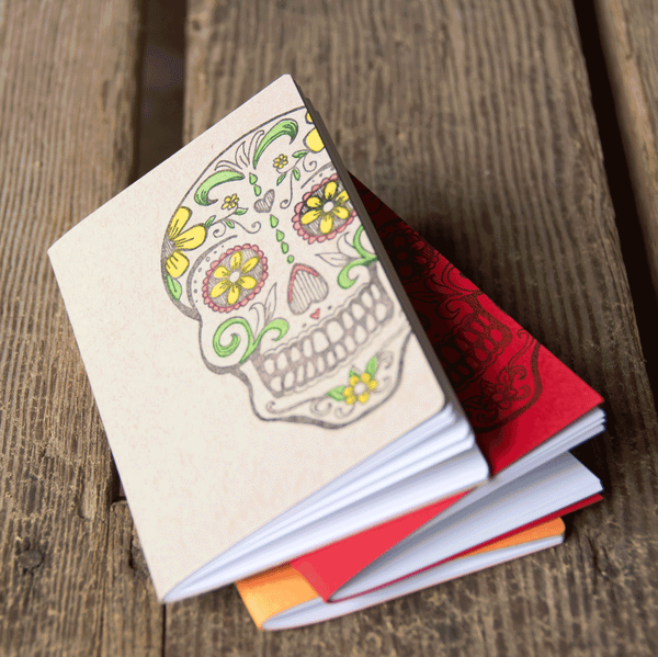 Sugar Skull Notebooks, hand drawn and staple bound, letterpress printed eco friendly blank journal