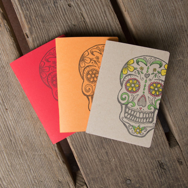 Sugar Skull Notebooks, hand drawn and staple bound, letterpress printed eco friendly blank journal