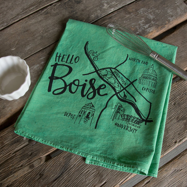 Hand-dyed Boise Map Screen Printed Tea Towel, flour sack towel