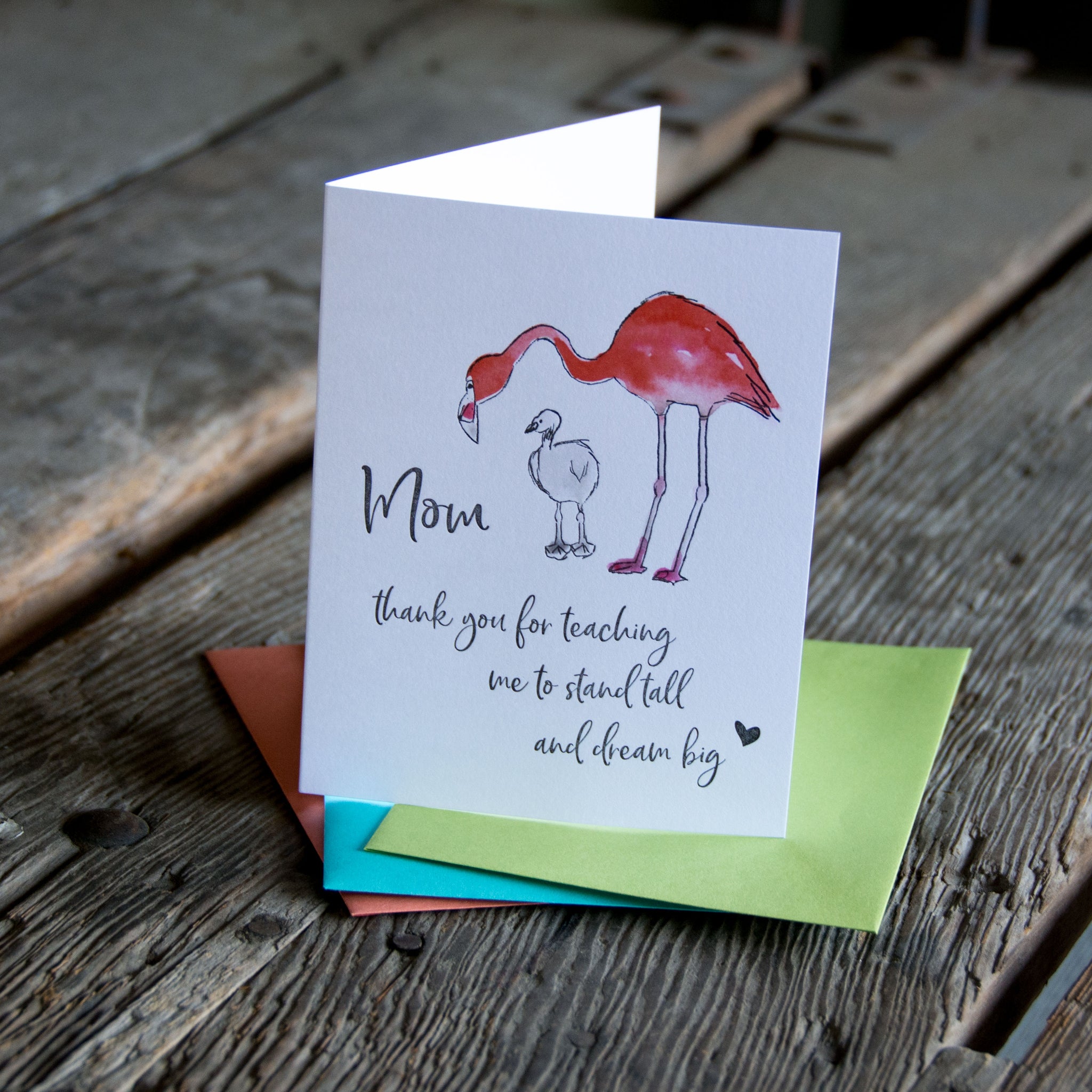 Standing tall flamingo, Mother's Day, letterpress printed card. Eco friendly